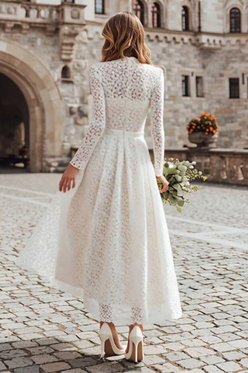 Long Sleeve A Line Ivory High Neck Engagement Dress